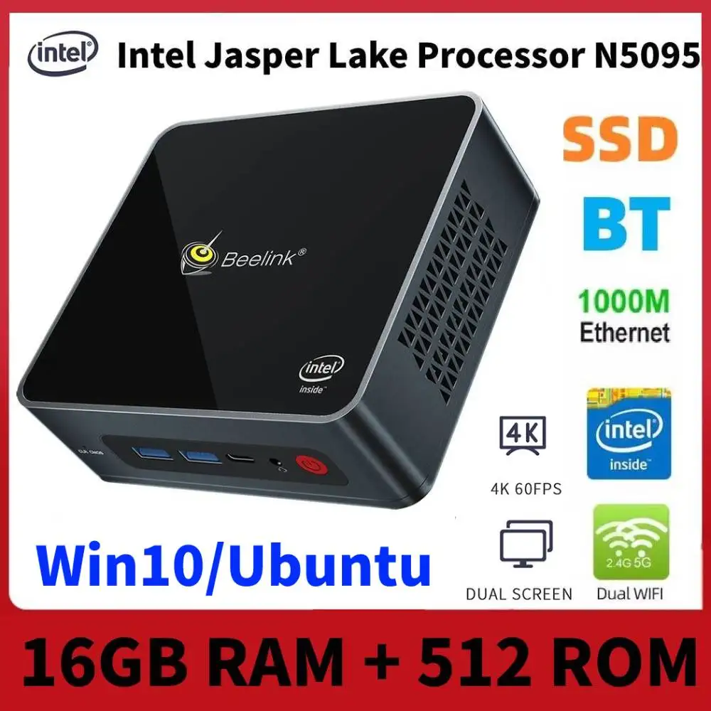 

Mini PC Intel Jasper Lake Processor N5095 4 CORE 2.0 Ghz Win10 Linux 16GB RAM 512GB ROM RJ45 BT4.0 HD USB3.0 Type-c Beelink U59