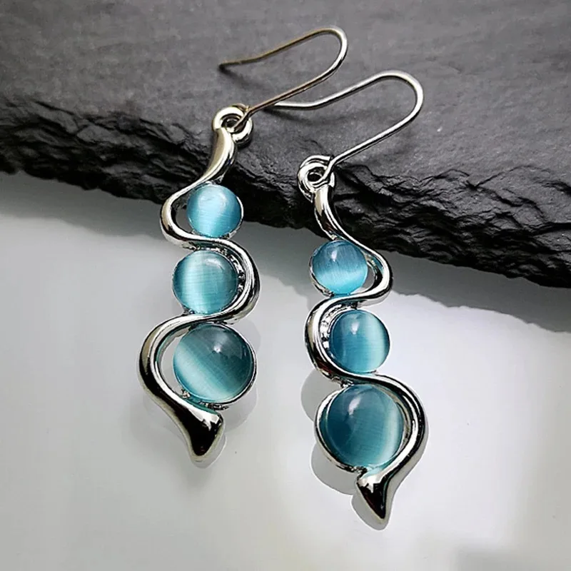 

Beaded Earrings Resin Stone Blue Moonstone Dangle Long Jewelry Charm Silver Color Twist Hook Drop Earring For Women