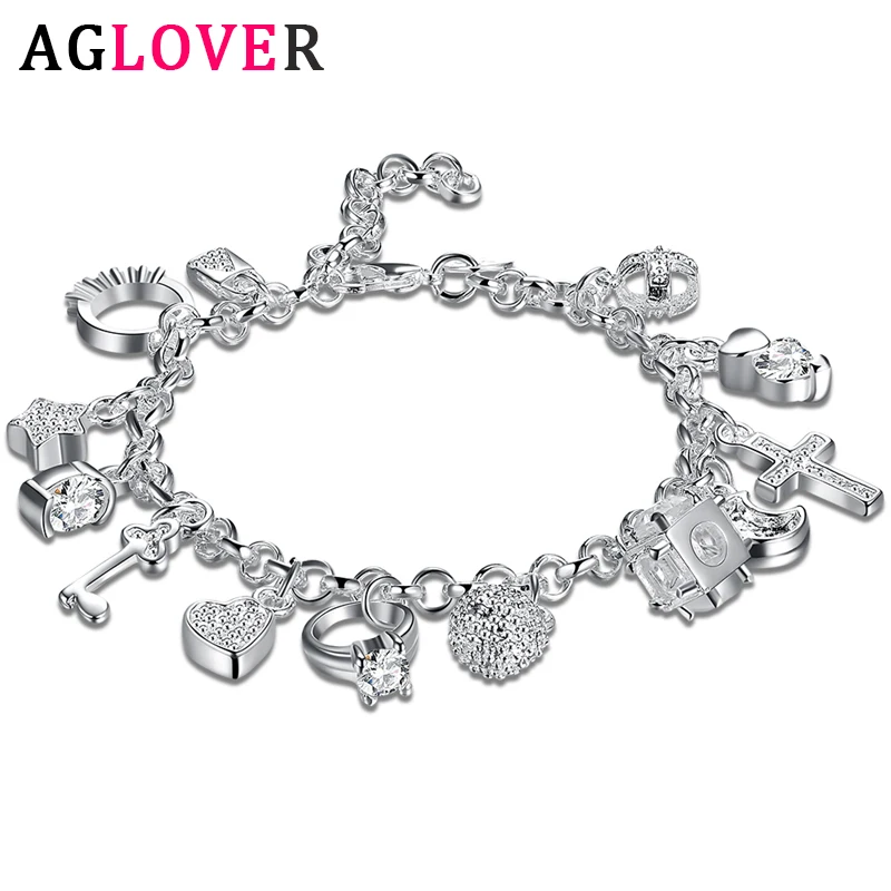

AGLOVER New 925 Sterling Silver Heart/Star/Moon/Round/Cross Zircon Bracelet For Women Hot Fashion Jewelry Gift