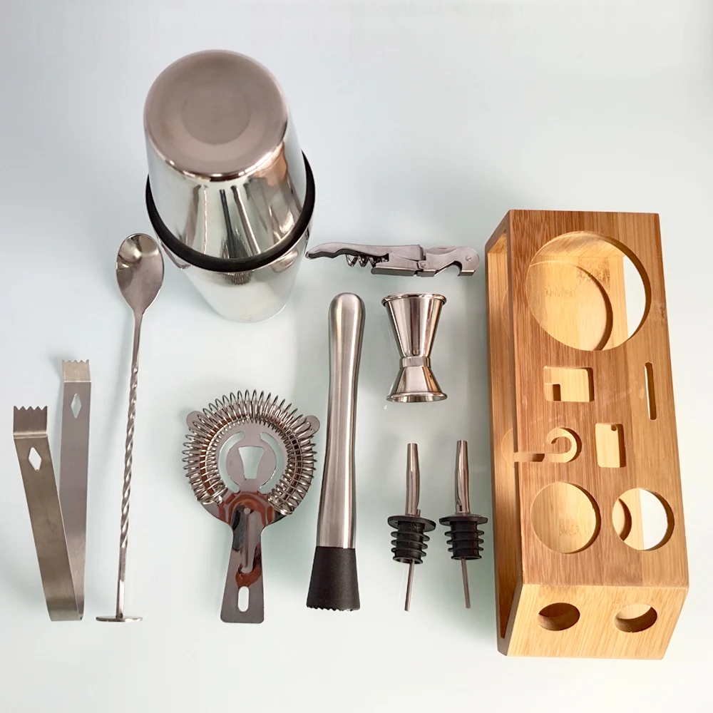Kit de barman, juego de coctelera, soporte trapezoidal de bamb&uacute;, para bebidas mezcladas, juego de herramientas para el hogar de Bar, Martini, acero inoxidable, 10 piezas-1