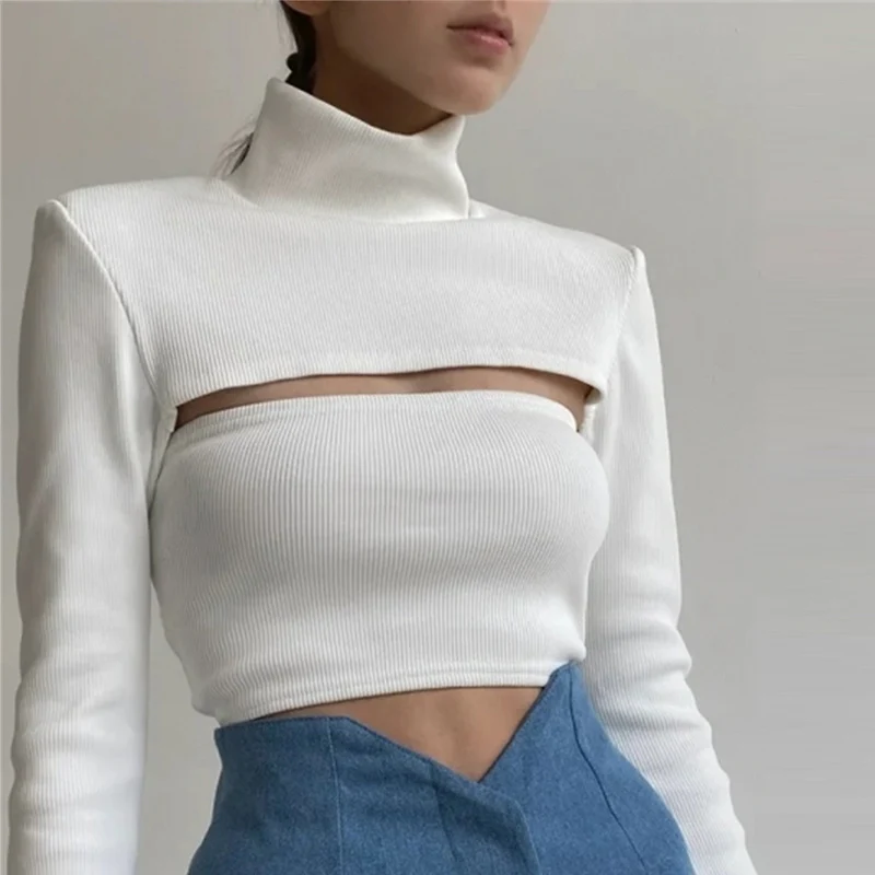 

Women's Solid Slim Crop Turtleneck Sweaters 2021 Autumn Long Sleeve Hollow Out Basic Sweater Pullovers Ladies Sexy Fashion Tops