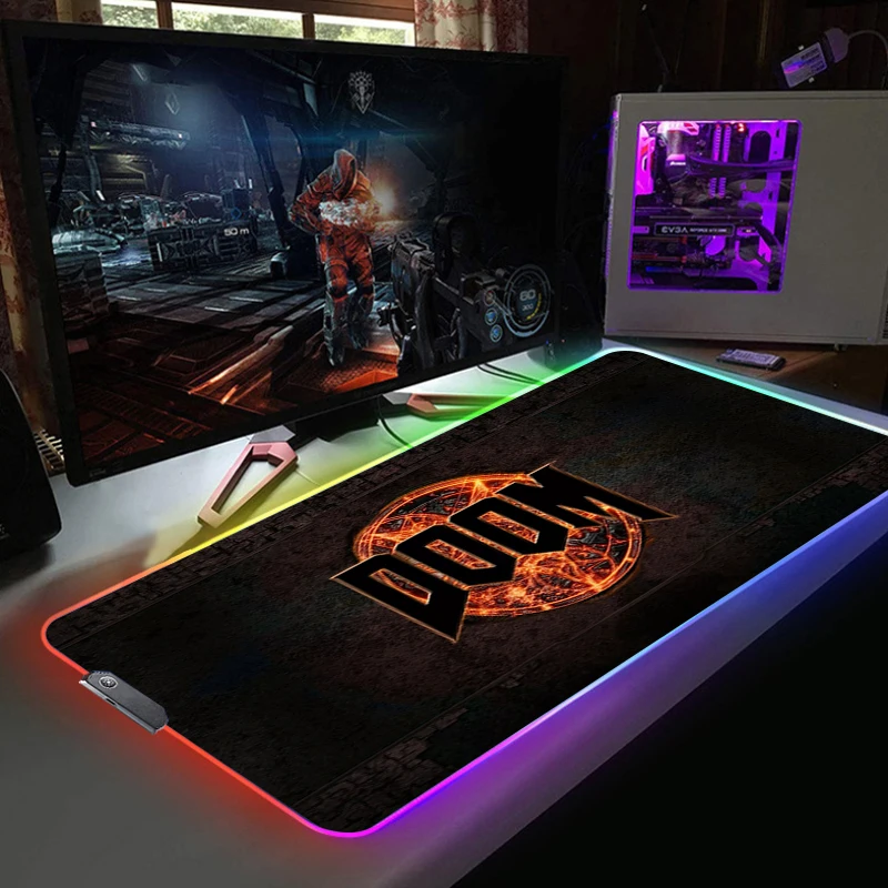 

Gamer Doom Anime RGB Mouse Pad Gamer Backlit Mat Gaming Accessories Mouse Mats LED Mousepad Computer Desk Mause Ped Mice Office