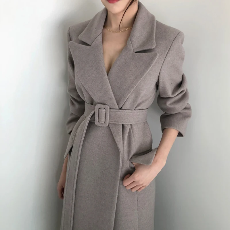 Женское Элегантное зимнее шерстяное пальто длинное Бандажное кардиган