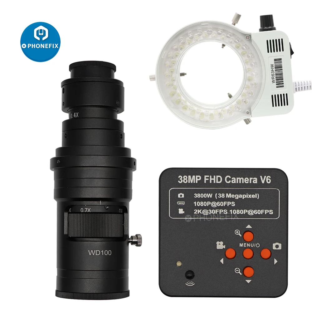 

38MP 1080P HDMI Video Microscope Camera Adjustable Zoom 130X 200X 250X C Mount Lens 56 LED Ring Light for Phone PCB Soldering