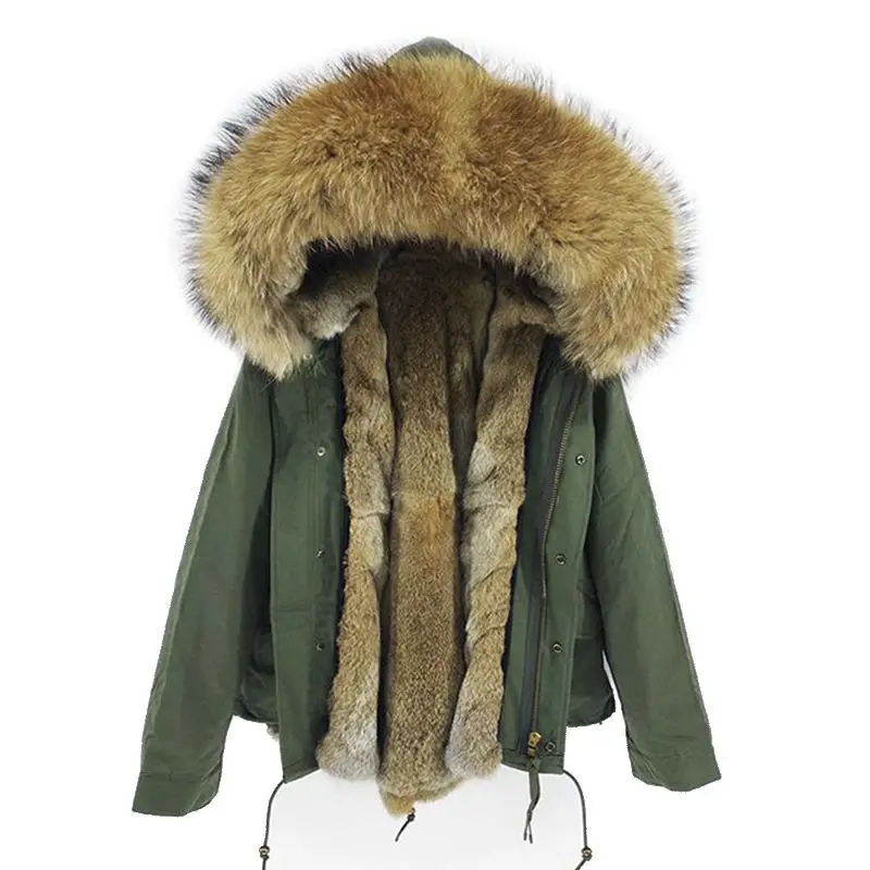 green short Мужской зимний жакет Длинная парка натуральный мех Пальто Подклад мех кролика рекс Воротник мех енота Топ бренд Теплый - Цвет: green short