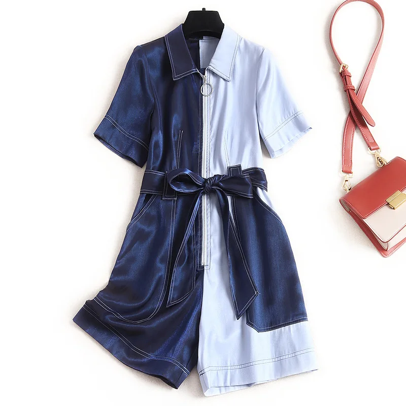 

High Quality Jumpsuit Shorts 2020 Spring Summer Playsuits Women Turn-down Collar Lace up Patchwork Short Sleeve Jumpsuits