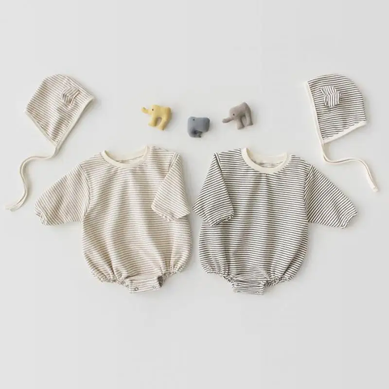 

2021 Spring Autumn Children's One-piece Bodysuit Boys Stripe Infant Girls Cute Little Bear Ear Hat Jumpsuit Two-piece Suit