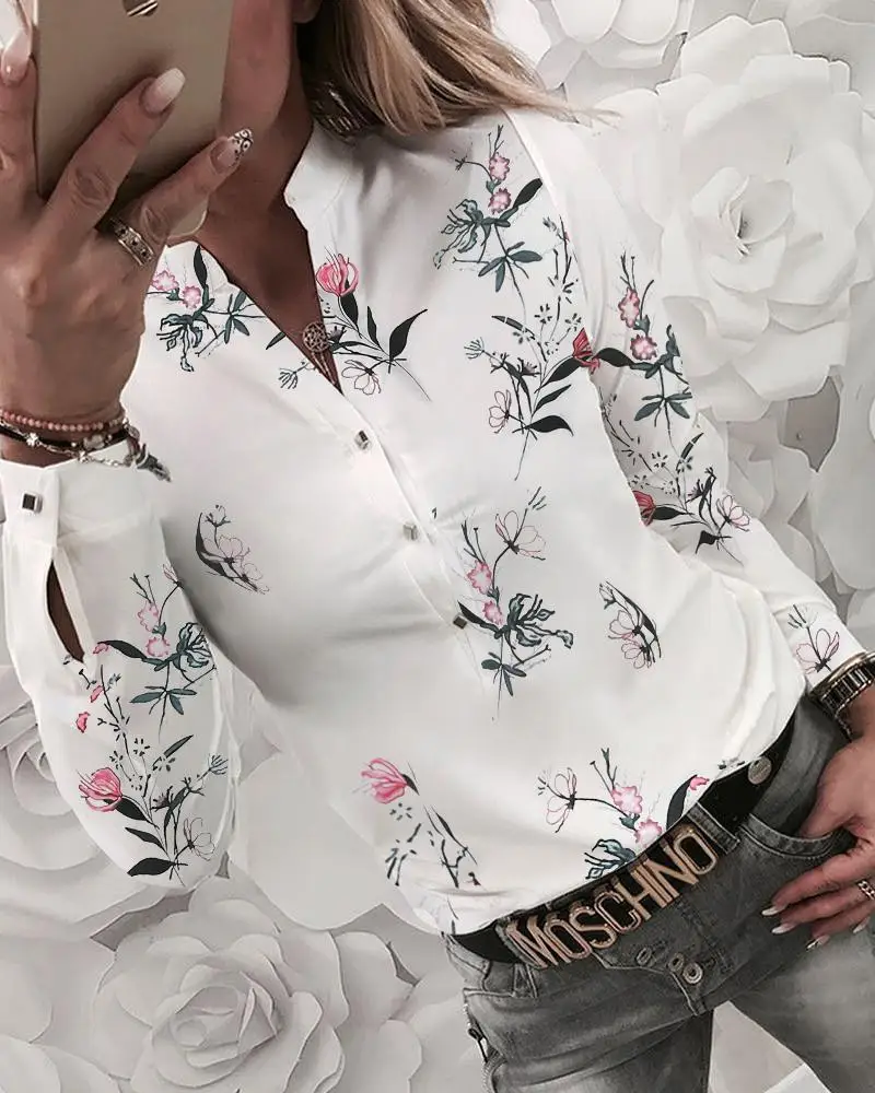 

2020 New Women Shirt Floral V-neck Long-Sleeved Printed Shirt Hot Autumn Spring Female Casual Blouse