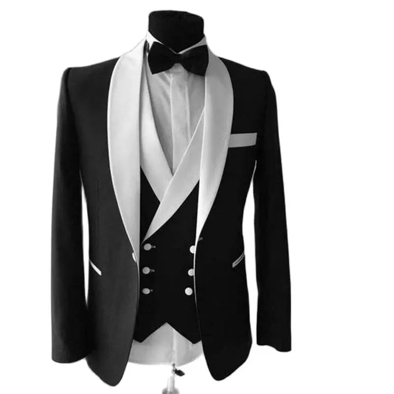 

High Quality Black Groom Tuxedos Wedding Suits Shawl Lapel Groomsmen Suits Best Man Suits (Jacket+Pants+Vest)