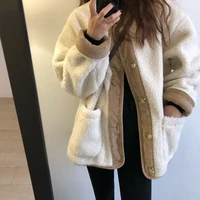 plush thick coat autumn and winter new hong kong style lazy style retro lamb wool solid color stitching simple loose coat