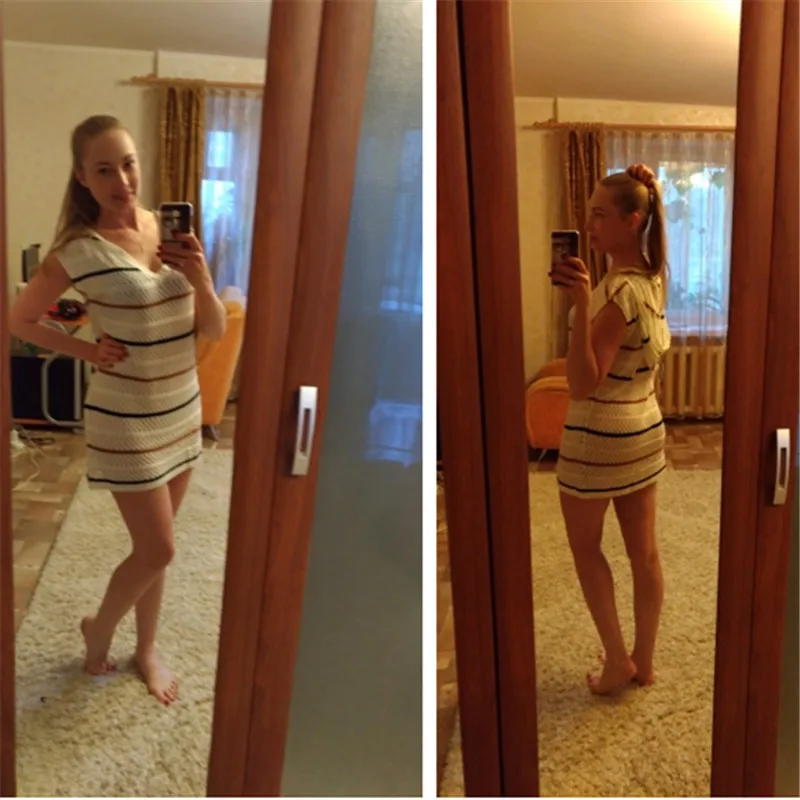 Вязаное крючком белое Полосатое платье без рукавов с капюшоном Сетчатое для