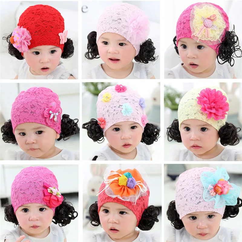 

Lace Newborn Baby Hat Cute Floral Cotton Kids Baby Girl Wig Braids Hat Princess Infant Toddler Baby Bonnet Girls Photogragh