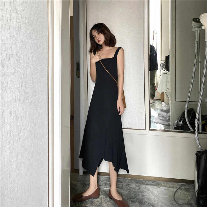 

2021 Summer Korean Fashion Knitted Dress Women Stretch Slim Soft Asymmetrical Long Dress Sling Sleeveless Solid Dresses Female