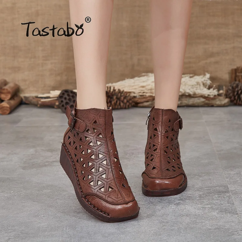 

Tastabo Genuine Leather Women's nude boots Retro Casual style Hollow comfortable women's sandals S2305 Brown Black Joker shoes