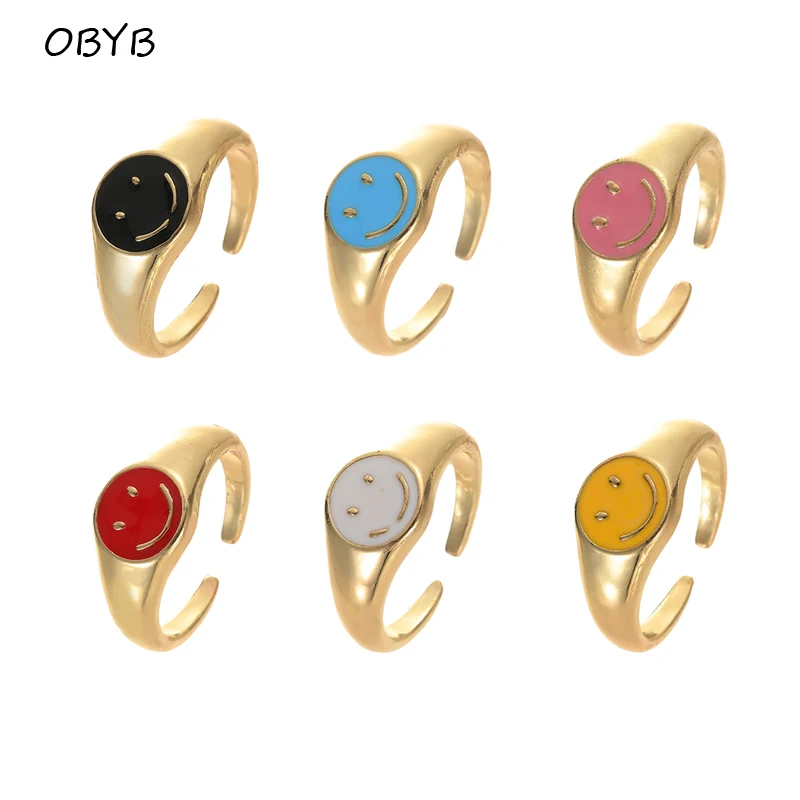 

New Colorful Smiley Face Ring Cute Cartoon Smiling Alloy Dripping Oil Enamel Rings for Women Fashion Wedding Jewelry Open Rings