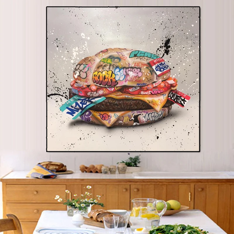 

Kitchen Mural Decor Graffiti Art Hamburger Canvas Painting Fast Food Poster Print Wall Art Picture Living Home Room Decoration