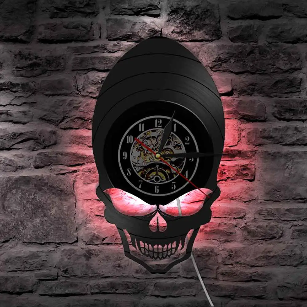 Demon Alien Skull Retro Clock Watch Goth Scary Wide Cheekbones Eyes Skeleton Vintage Vinyl Record Wall Halloween Deco | Дом и сад