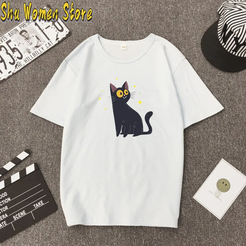 Черная футболка в стиле Харадзюку женские топы с принтом виде мультяшного кота и