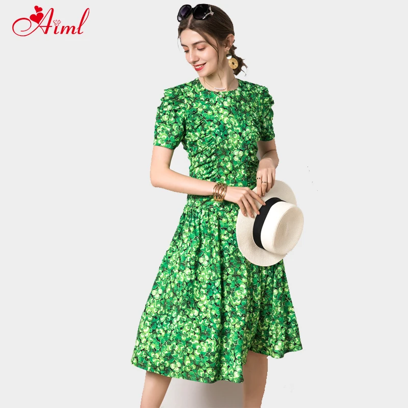 

Designer 2020 Female Summer Green Floral Print Short sleeve Ruched Knee Length Dress Lady Fashion Robe Party Dresses New