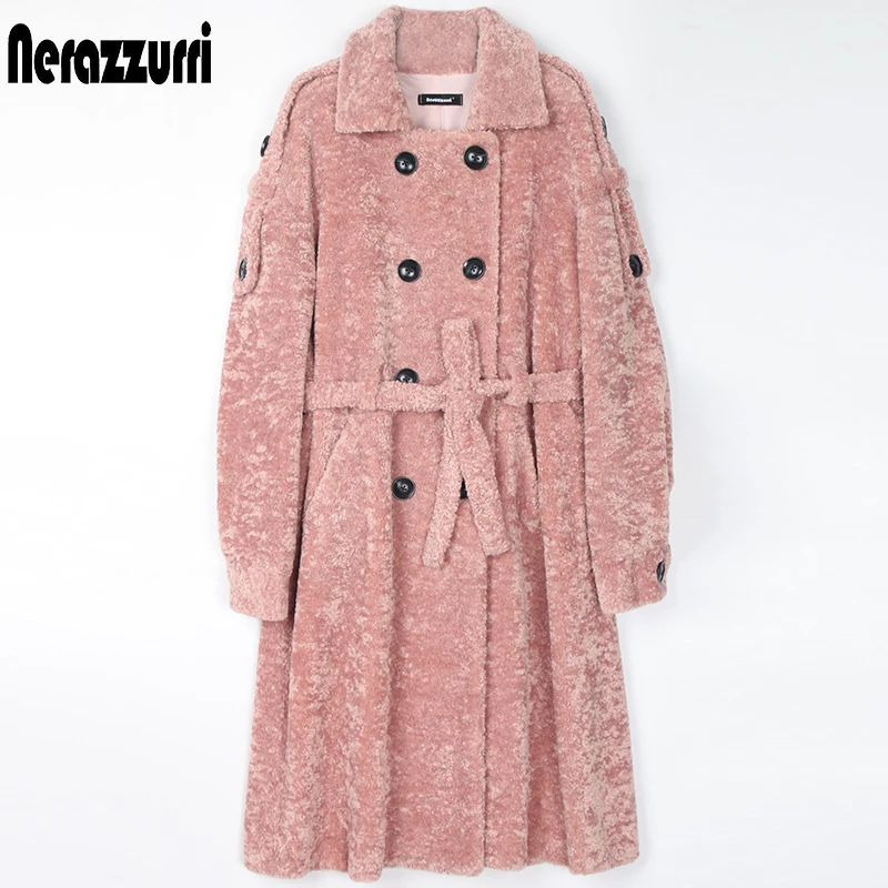 

Nerazzurri Winter Pink Long Faux Fur Trench Coat for Women 2021 Designer Fluffy Karakul Overcoat Women Warm Lamb Shearling Coat