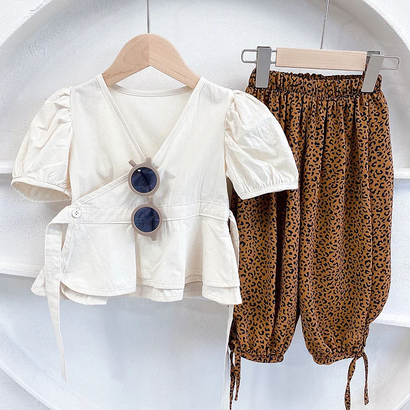 

Short Sleeve Shirt and Leopard Ankle-Length Suits 2021 Kids Summer Clothing Sets Two Pieces Clothing Set Gir's Casual Tracksuit