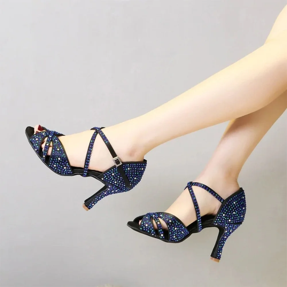 Black Elegant Woman Rhinestone Salsa Dance-Shoes Soft Sole Woman Ballroom Latin Pole Dancing Shoes Wedding Party Sandals