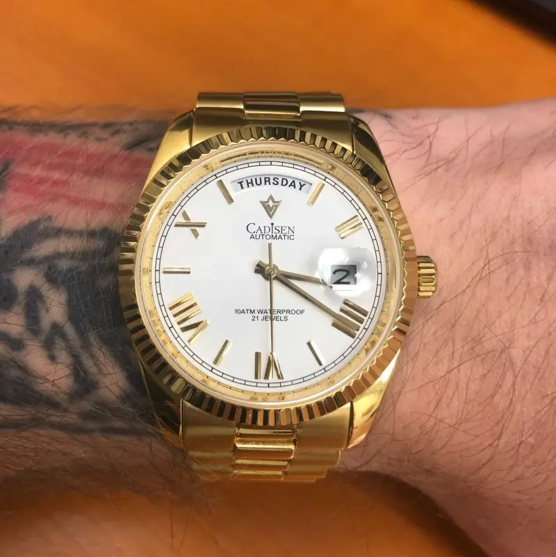 

2021 New CADISEN date Week Mens Mechanical Watches Gold Luxury Automatic watch Stainless Steel waterproof Clock Man Reloj Hombre