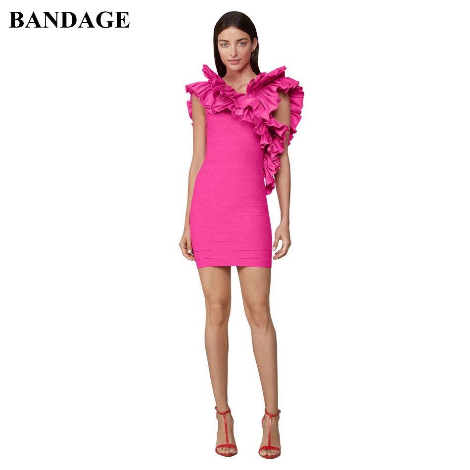 Женское облегающее платье с оборками розово красное элегантное вечернее мини