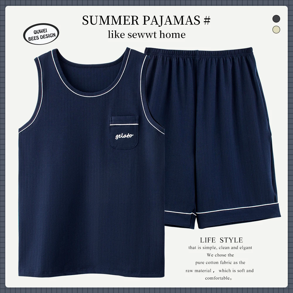 

Жилет Мужская пижама Летний Тонкий костюм-двойка без рукавов для молодых и средних лет