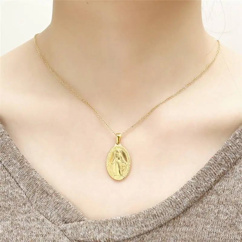 

Medal Necklace Female's Our For Women Jewelry Stainless Steel Virgin Mary Lady of Guadalupe Pendant Choker