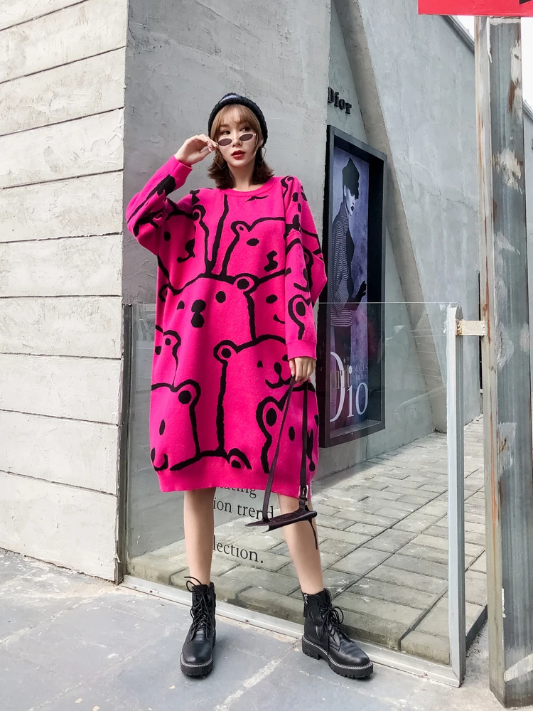 Vefadisa платье-свитер с мультяшным принтом Женское зимнее плотное 2019 Пуловеры