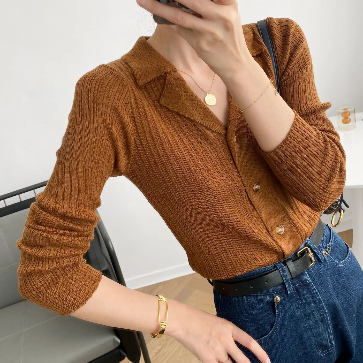 

Женский Повседневный Кардиган, трикотажный однотонный кардиган с отложным воротником и длинным рукавом, осень 2020