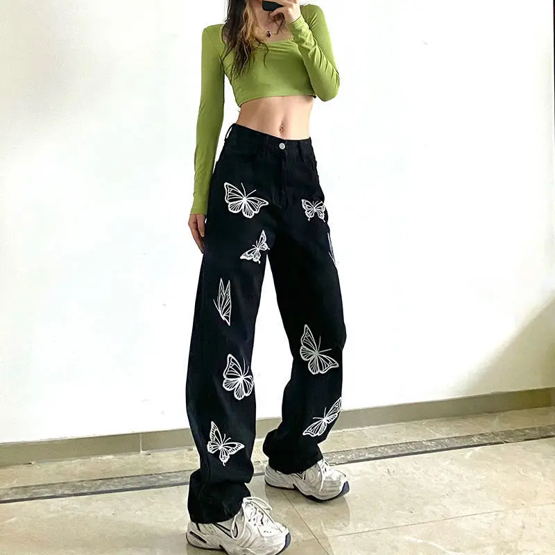 

Men Y2K Butterfly Print Black Women Jeans Pants Vintage Streetwear Oversize Low Waist Wide Leg Trousers Loose E Girl Cowboy