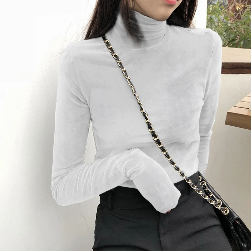 Women T-Shirt  Soft Fleece Velvet Turtleneck Shirt Solid Long Sleeve Autumn Fitness Vintage Girls Bottom Tops Women Clothing