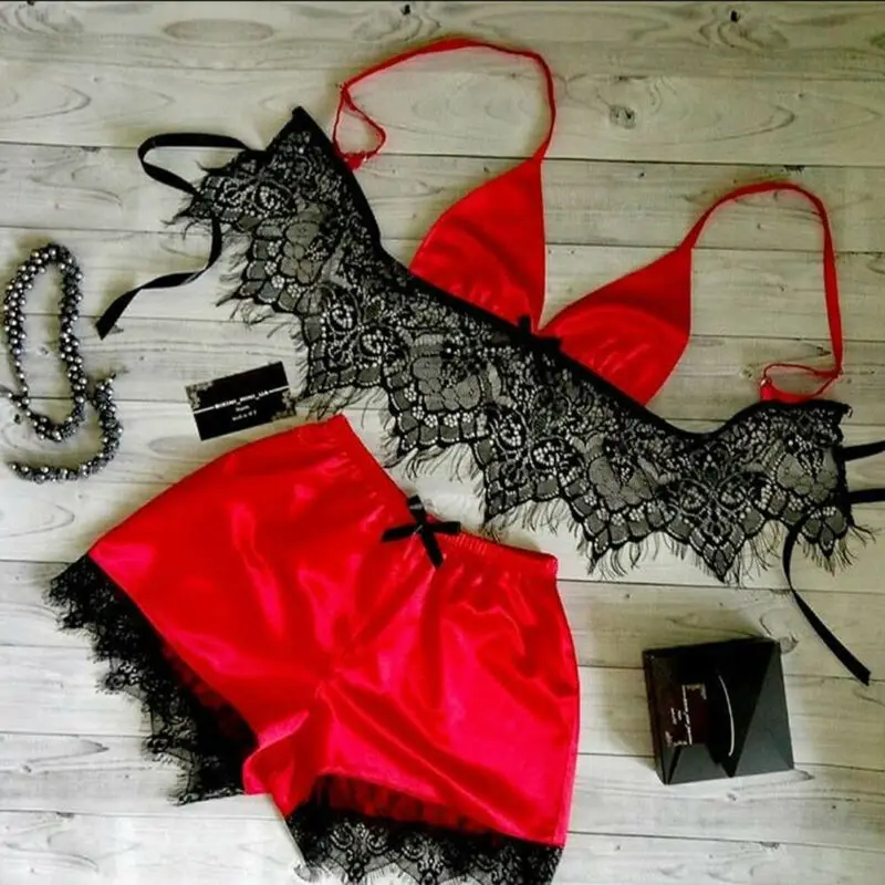 

Women Lace Two Piece Pajama Sets Sexy Underwear Set Beachwear Summer Satin Silk Bra Bustier Babydoll Nightwear Bathing Suit
