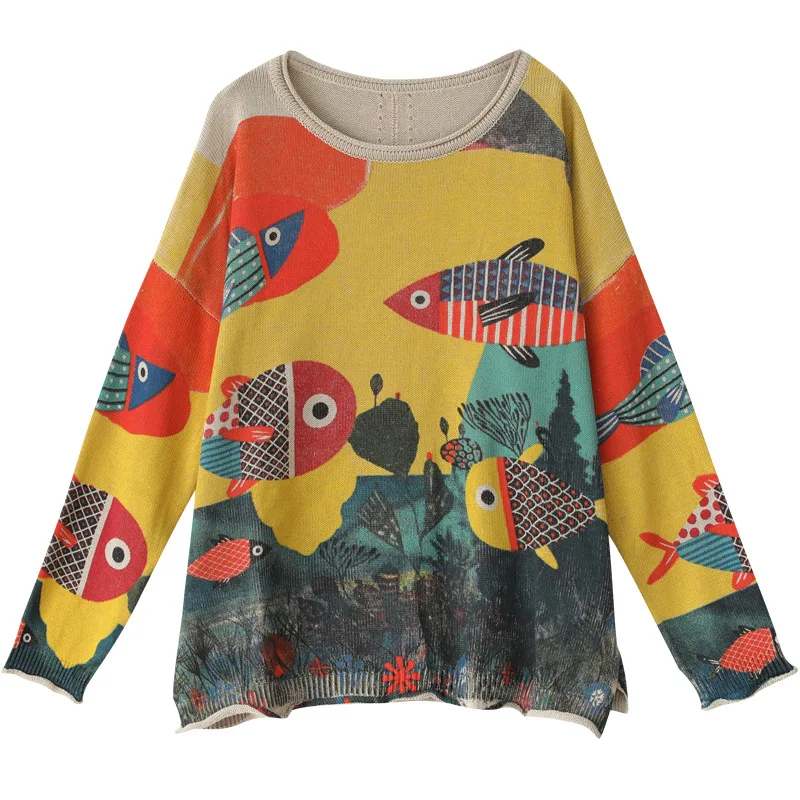 Autumn Sweater Women Retro Knitting Pullovers 2019 New Ladies Loose Tops O-Neck Long-sleeved Print Large size Casual | Женская одежда