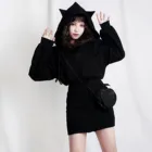 Готический черного цвета в стиле панк, женские худи с кошачьими ушами пуловер свитшот с капюшоном и длинными рукавами на осень и зиму, милый блузка пальто свободного кроя