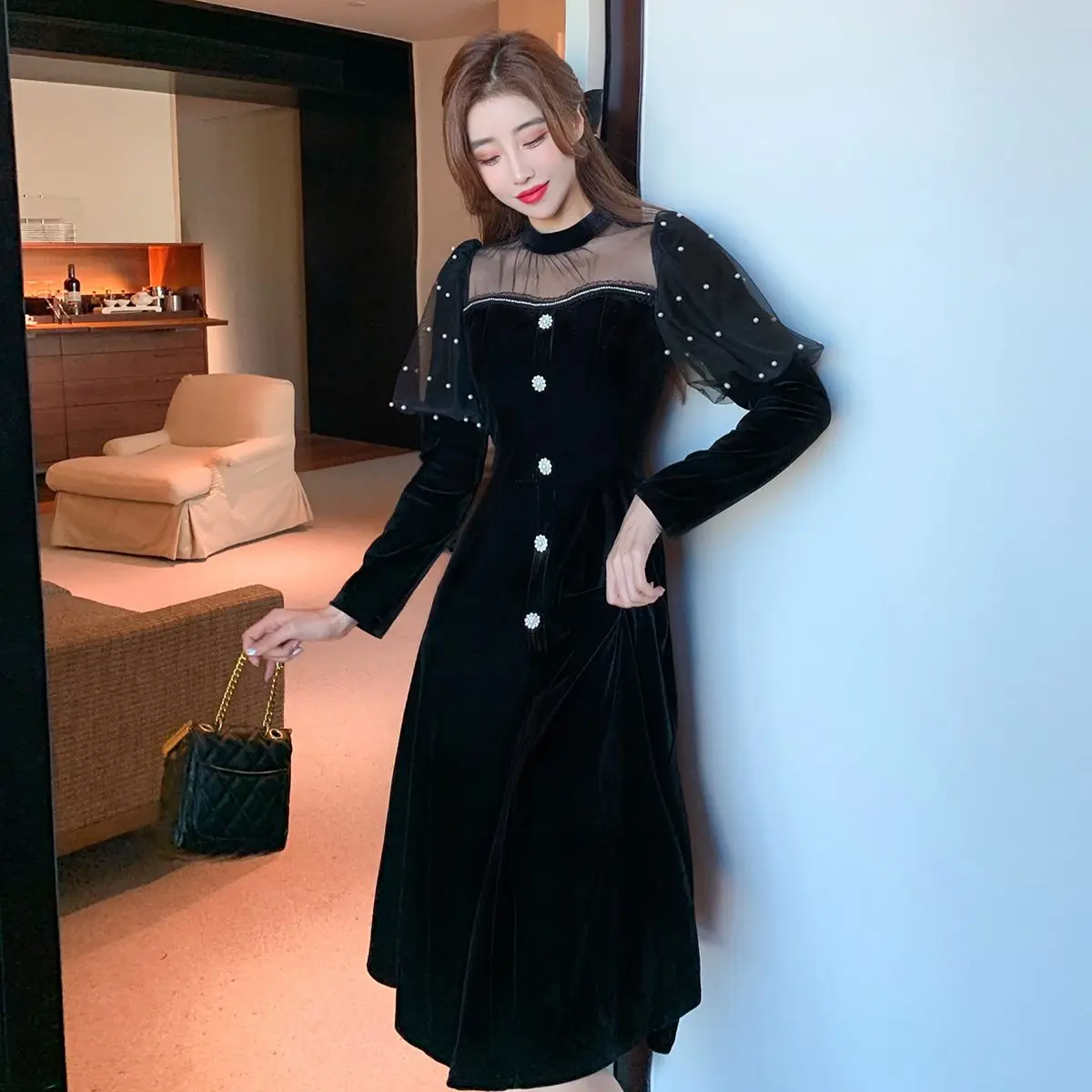 

COIGARSAM Patchwork Women one-piece dress korean New O-Neck Beading Mesh Dresses Black 981