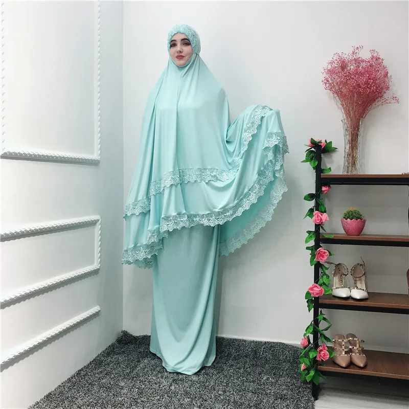 2 Piece Hijab Dress Muslim Women Prayer Khimar Jilbab Arab Overhead Abaya Clothing Ramadan Oman Suit Worship Service Middle East