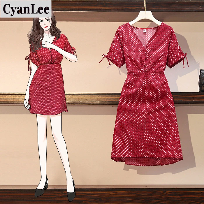 

Женское пляжное платье в горошек Cyanlee, красное мини-платье с коротким рукавом в стиле ретро размера плюс размера 4XL, для весны и лета