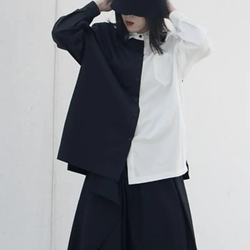 

HOT / Summer Women New Fashion Personalized Customize large size Black and white color matching cotton long-sleeved shirt/S-6XL