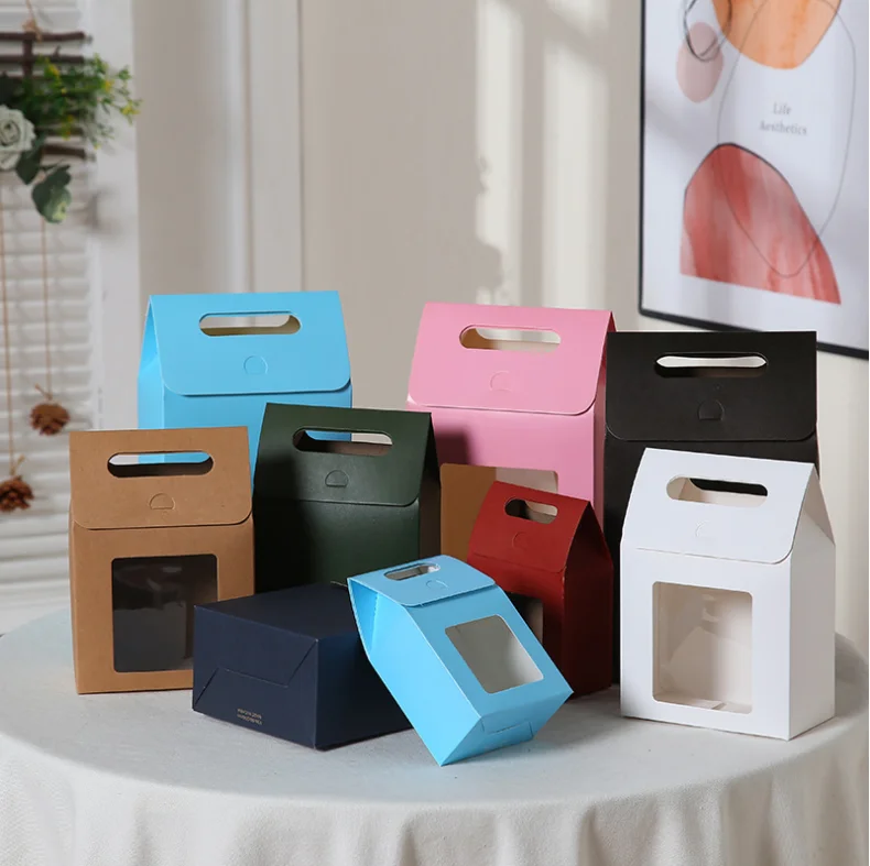 

10pcs Red Blue Large Open Window Cowhide Carton Bag Kraft Handle Flap Seal Gift Box Portable Food Gift Small Color Packing Box