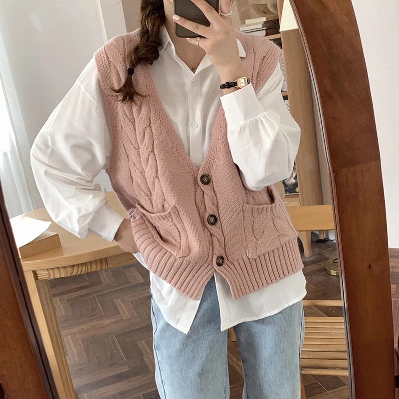 

Knitted vest women's cardigan spring and autumn 2021 new style loose V-neck sleeveless woolen vest jacket outer wear women