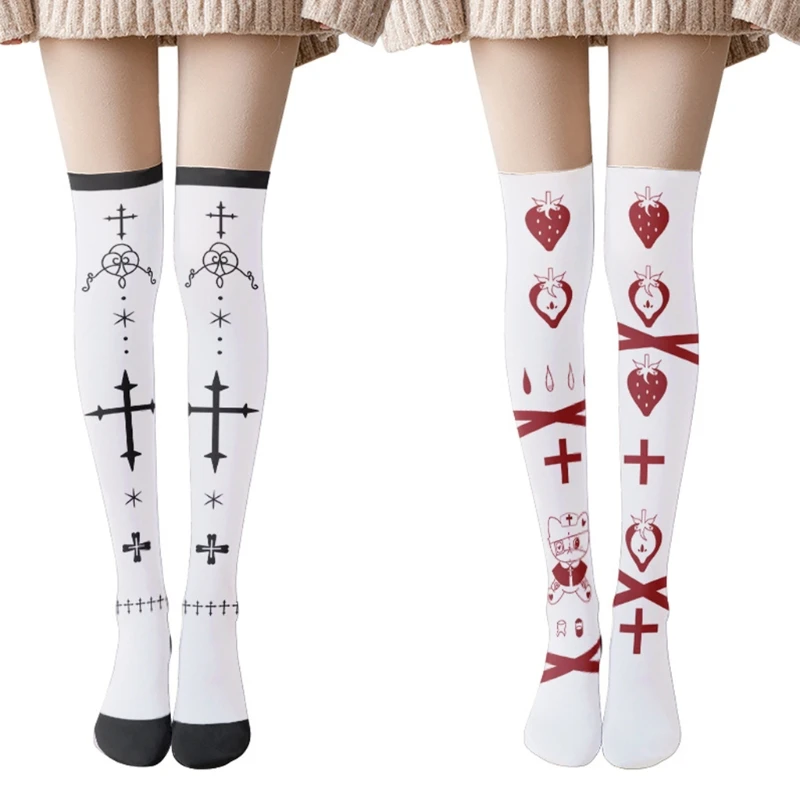 

Women Gothic Punk Anime Thigh High Stockings Harajuku Japanese Style Cross Strawberry Printed Lolita Kawaii Cosplay Over Knee