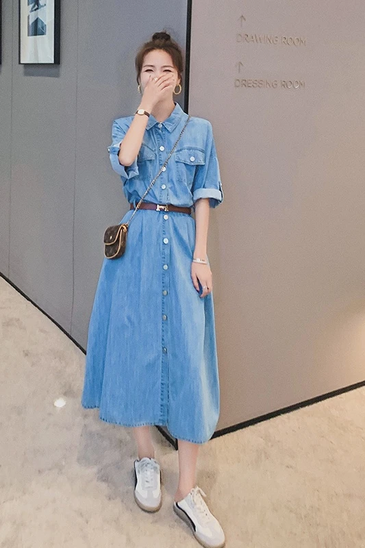 

Vintage Denim Dress 2021 Summer Women Short Sleeve Slim Casual Single Breasted Blue Shirt Style Jean Dresses Elegant Woman Dress
