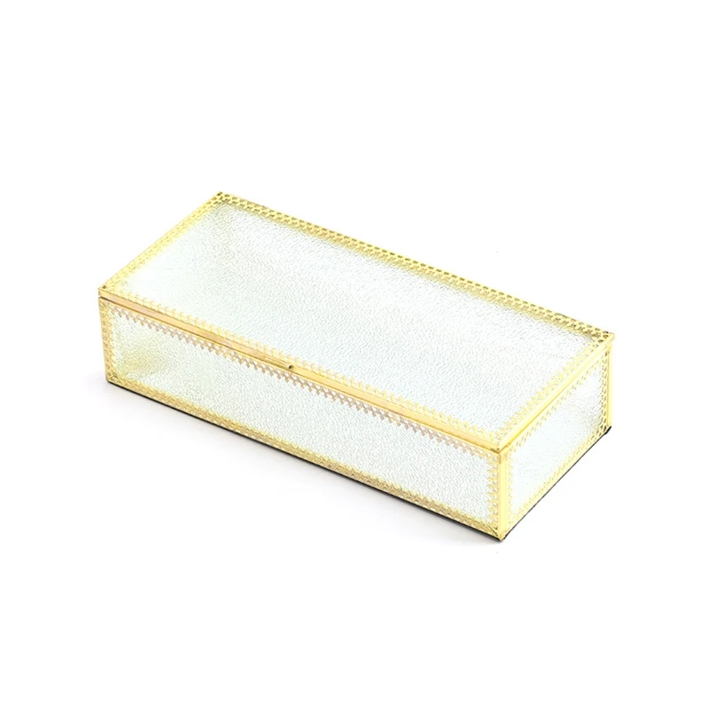 

Golden Vintage Glass Lidded Box Edge Bracelet Keepsake Decorative Jewelry Displa 203F