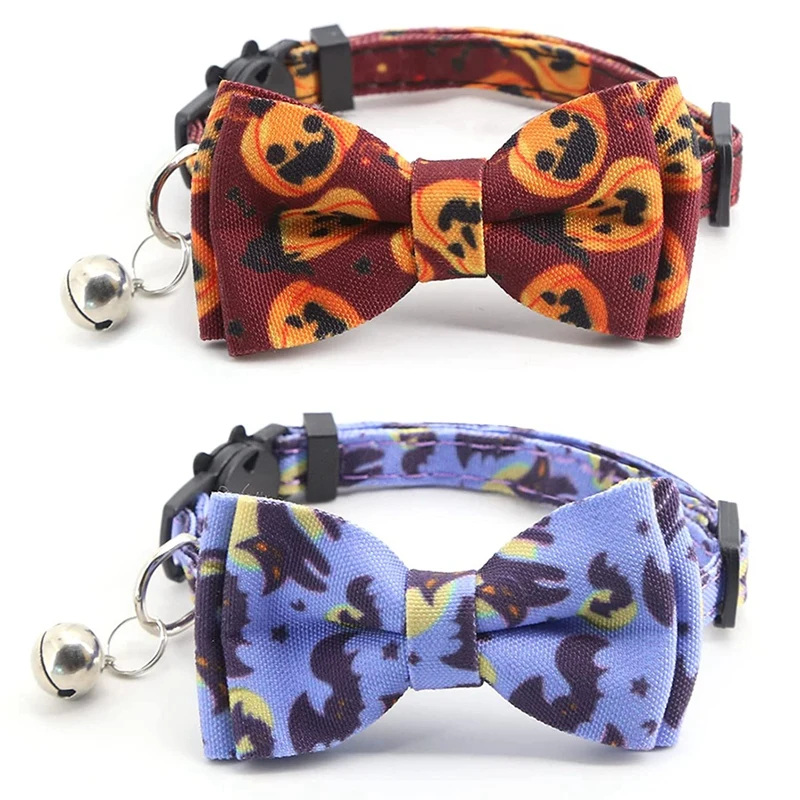 

Halloween Cat Collar with Bell and Movable Bowtie Holiday Kitten Breakaway Collars Cute Dog Collar