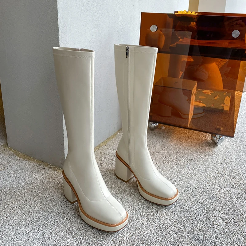 

ANNYMOLI Women Knee High Boots Shoes Zipper Platform Super High Heel Female Boots Square Toe Chunky Heels Long Boots Ladies 43