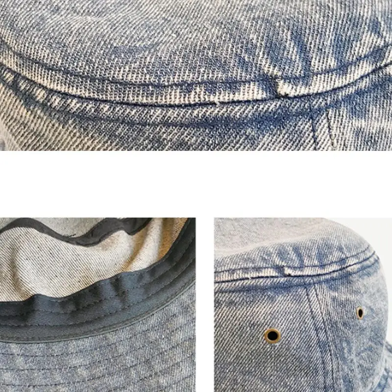 

Unisex Vintage Washed Denim Cotton Bucket Hat Harajuku Wide Brim Fisherman Cap