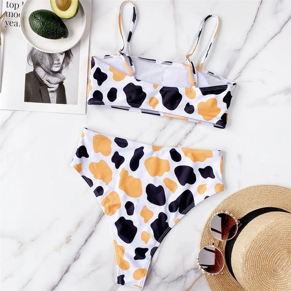 

2021 Summer Print Female Swimsuit High Waist Bikini Women Swimwear High Cut Bikini set Padded Bather Bathing Suit Swim Lady